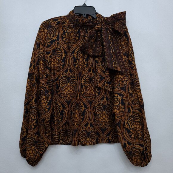 A Loves A Peasant bohemian Blouse with Neck Bow Tie in Paisley Print Size Large - Picture 1 of 11